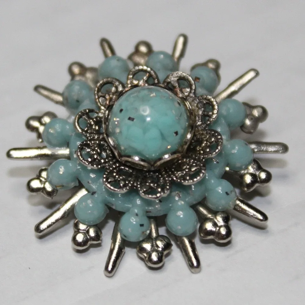 Vintage Brooch Sunburst Faux Turquoise Filigree Starburst OS Light Blue Silver